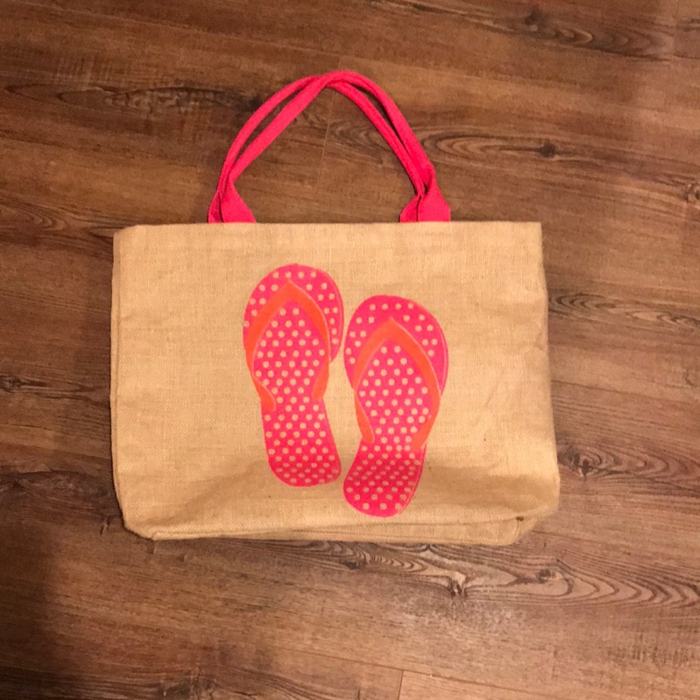 burlap beach bag with plastic lining, never used